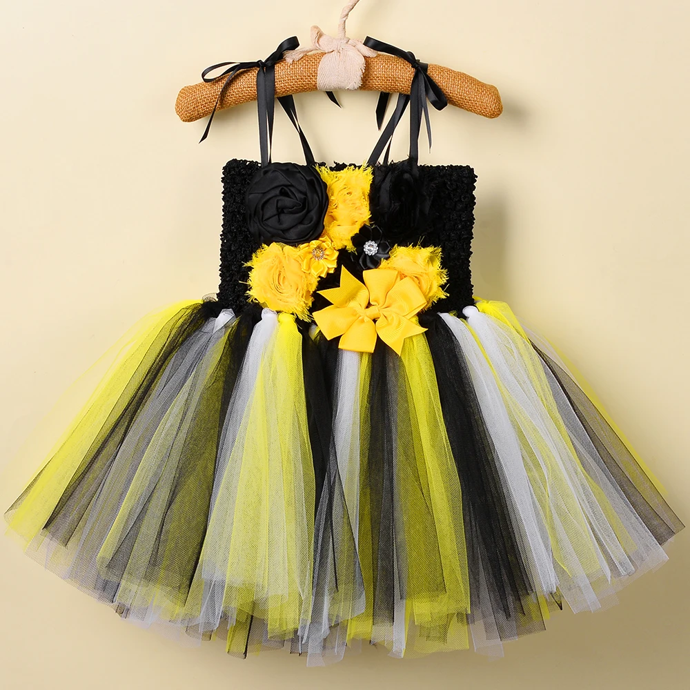 Little Queen Bee Tutu Dress Tulle Flowers Baby Girl Clothes Infant Toddler Princess Costume 1 Year Birthday Girl Dress Outfit