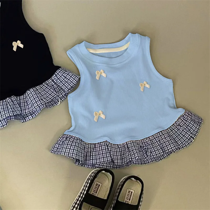 Children Tank Tops Vest Girls Summer Sleeveless Bow-Knot Floral Plaid Splicing Clothes Kids Casual Wear Cute T-Shirt 1-8 Years