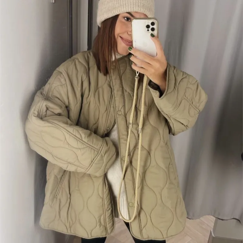 

2025 Women's Winter Korean Retro Style Round Neck Loose Quilted Cotton Padded Jacket Thicken Warm Casual Daily Street Wear Coats