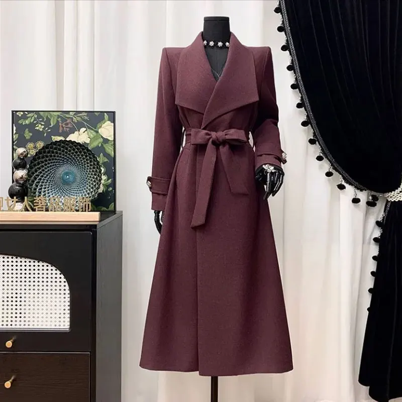 

2025 Winter New Stylish Trench Coat Women Long Style Solid color Lapel Lace-Up Belt Slim A-Line Fashionable Overcoat Female