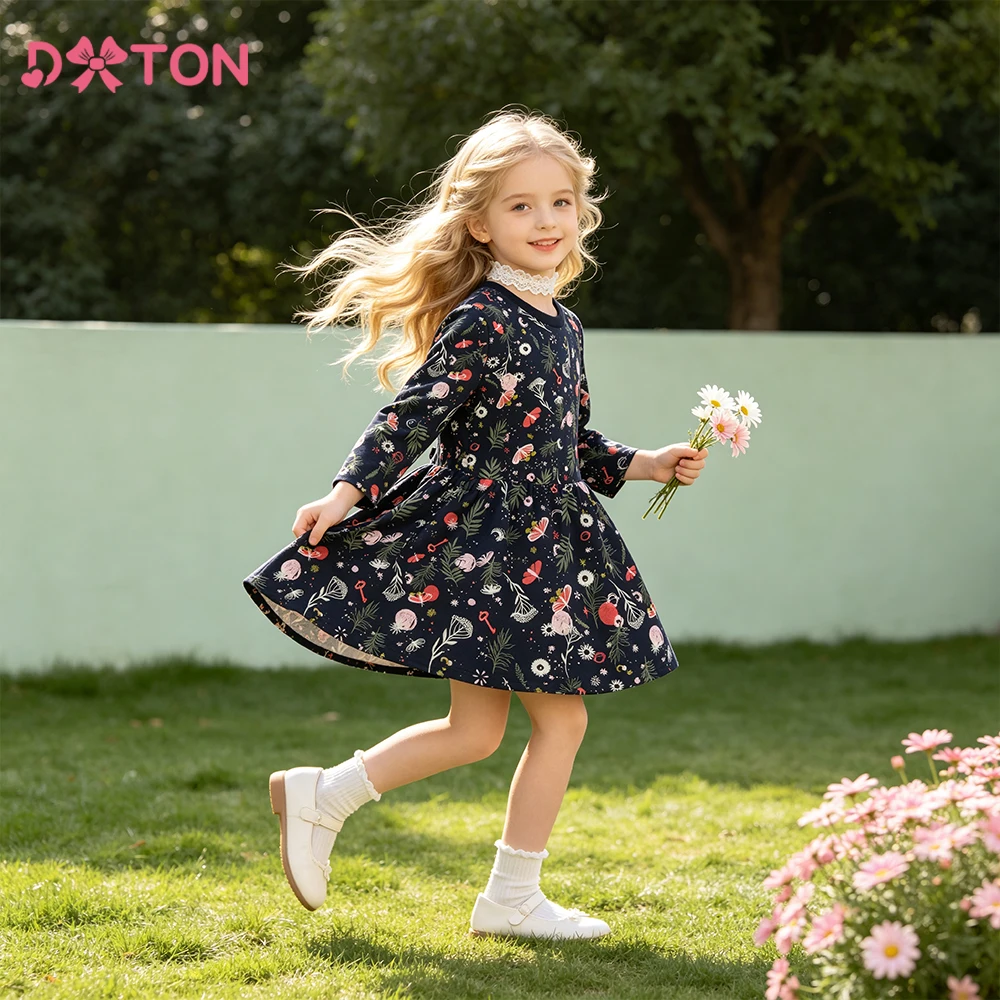 DXTON Baby Girls Cotton Clothes Flower Print Children Daily Dresses Autumn Kids Girls A-line Dress Cartoon Toddler Casual Outfit