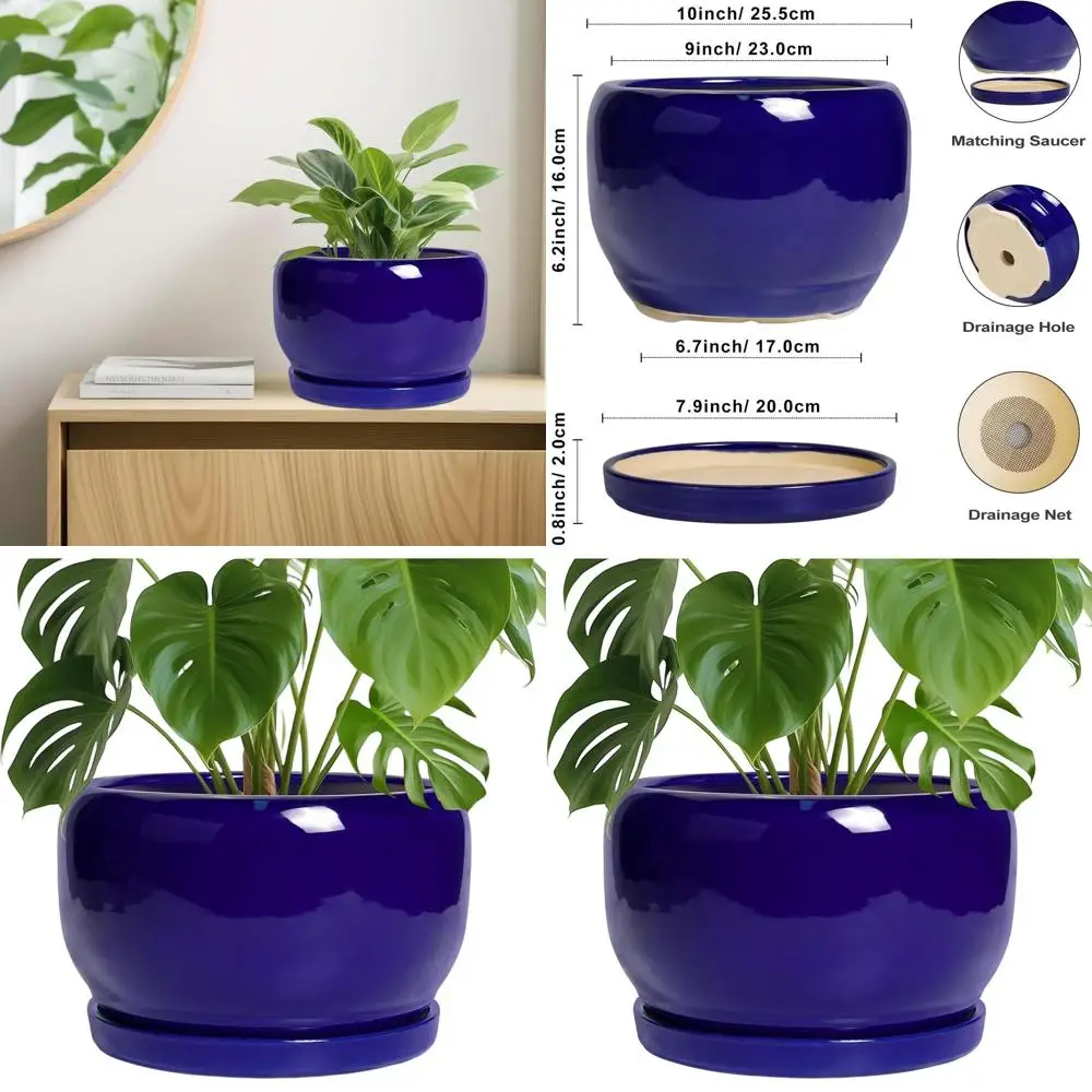 

10-дюймовое круглое кашпо Ceic для использования в помещении или на улице, с дренажным отверстием и поддоном, синее декоративное большое кашпо, идеальное решение