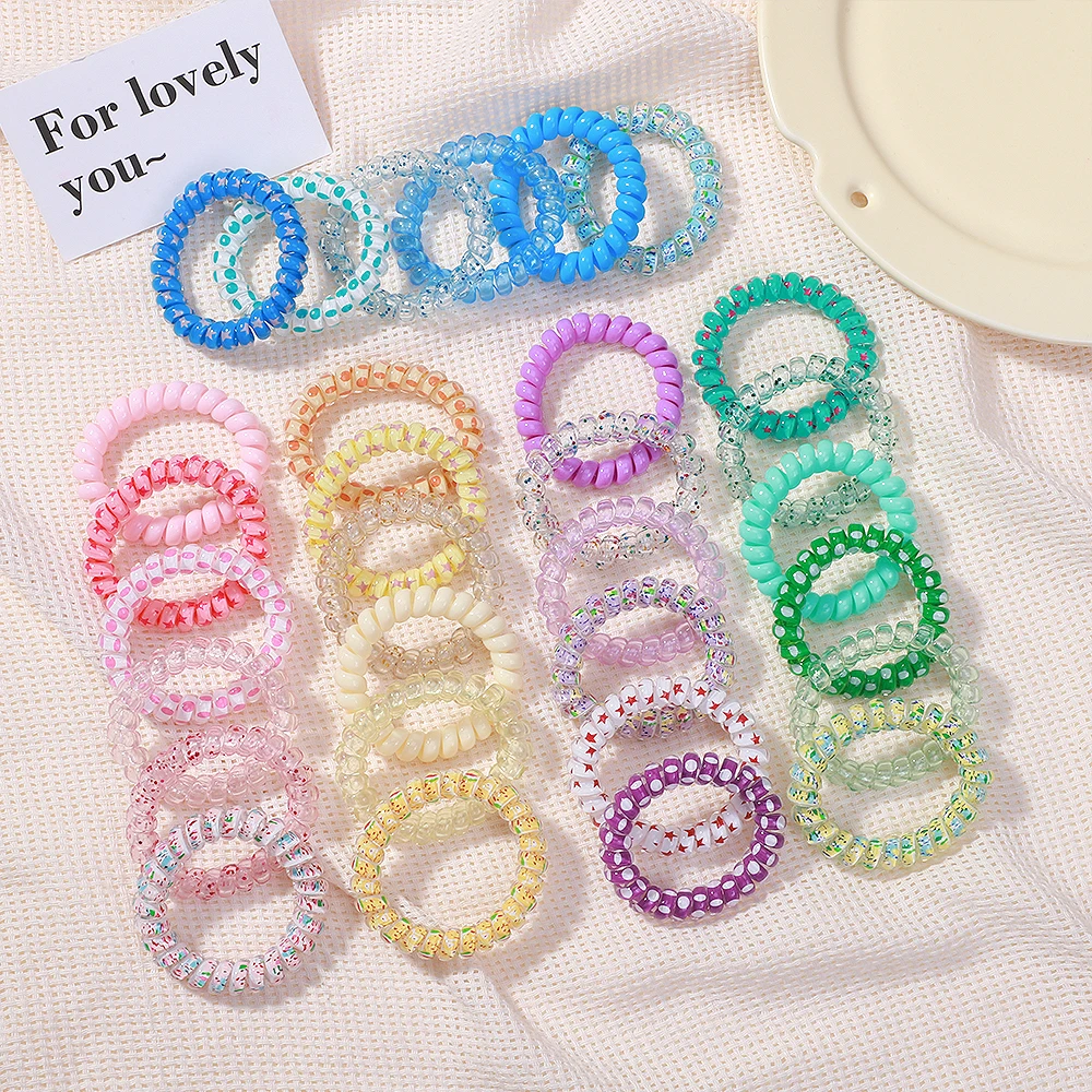 

6Pcs/Set Colorful Printed Spiral Elastic Hair Ties Hair Band for Women Girls Telephone Wire Cord Rubber Band Hair Accessories