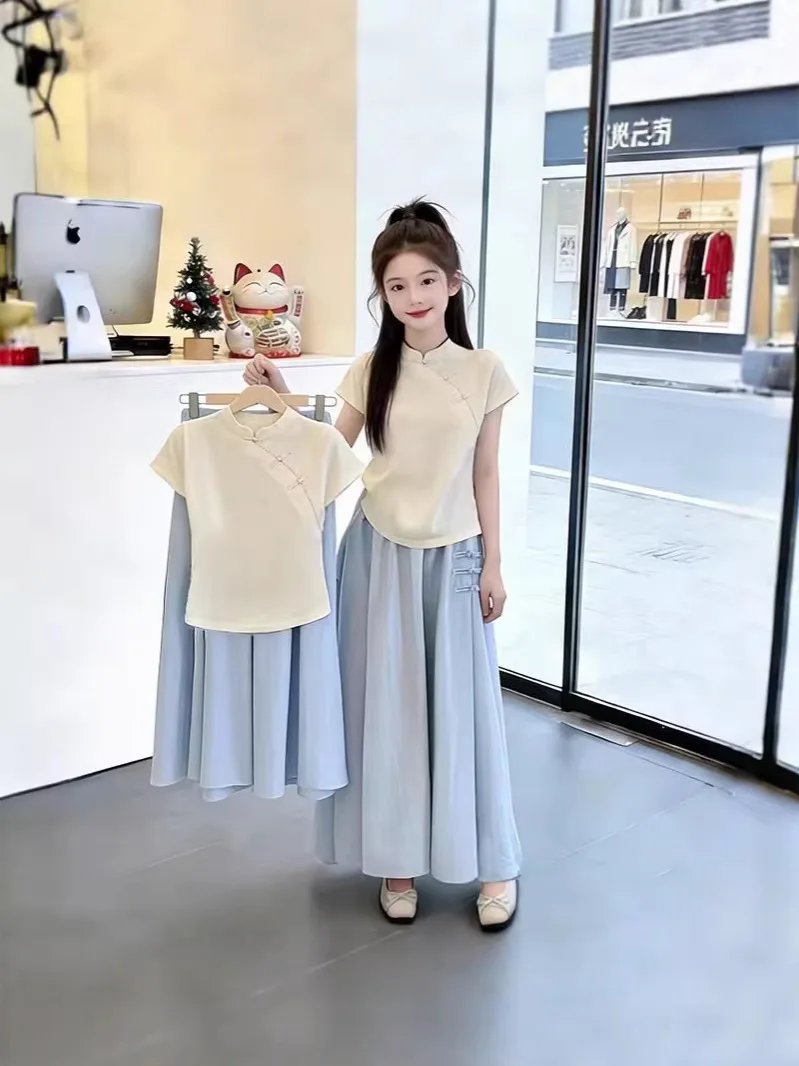 Retro Cheongsam Neck Top And Wide-Leg Pants Set for Kids Elegant National Ice Silk Chinese Style Two-Piece Outfit