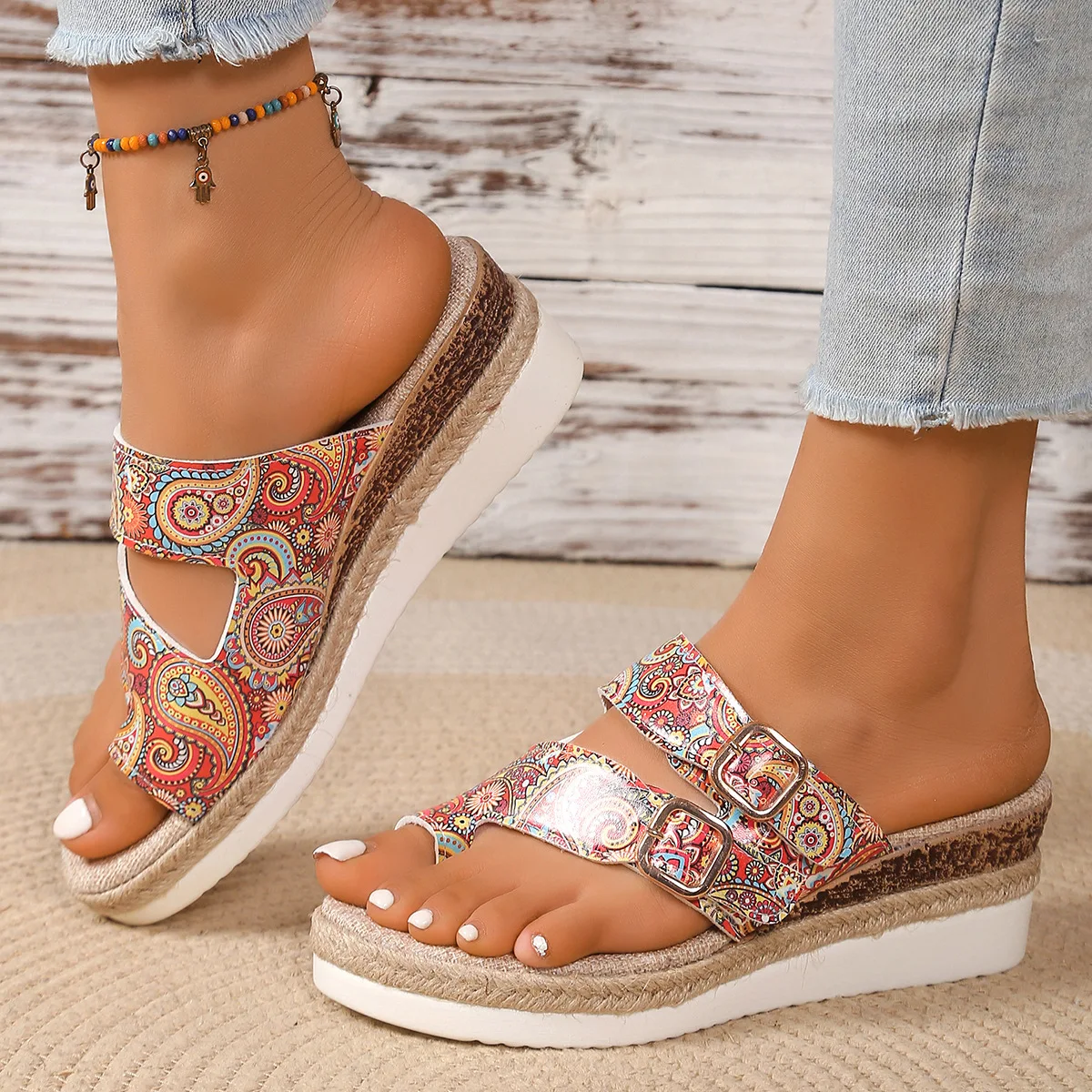 

Women Wedges Slippers Summer New Double Belt Buckle Hollow Clip Toe Sandals Femme Casual High Heels Thick Bottom Flip Flops