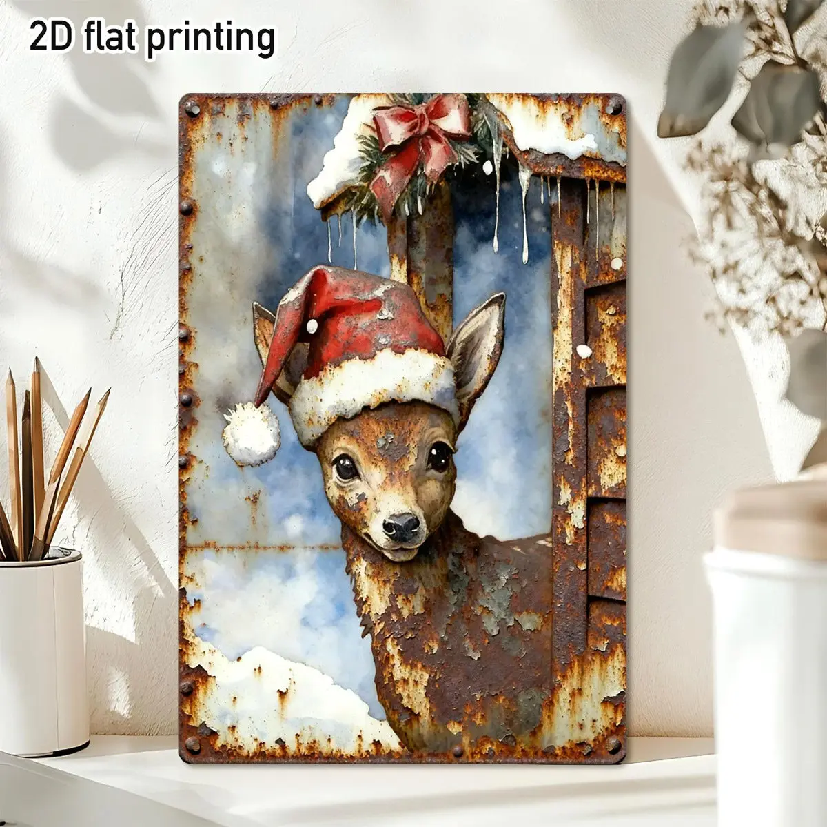 2D Flat - 1pc of a Two-Dimensional Flat Metal Sign Featuring a Christmas Deer Hat, Showcasing a Festive Winter Animal Scene. Thi