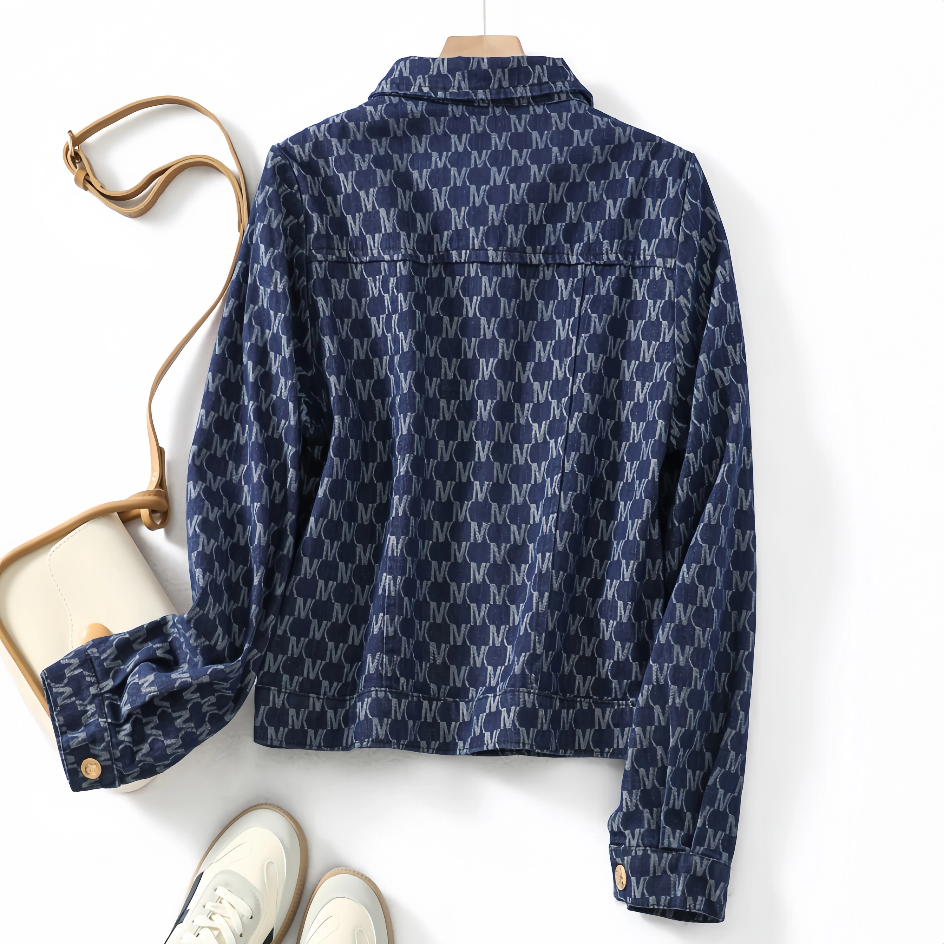 Oule Buckle Tagless Letter Denim Jacket Autumn New Simple Turn Collar Long Sleeve Versatile Pocket Outerwear for Women