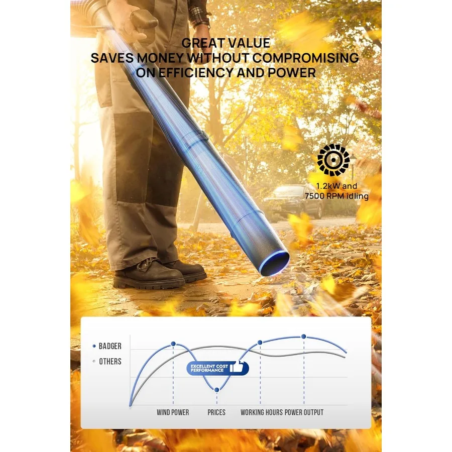 Dmuchawa plecakowa z silnikiem benzynowym 43 cm3 zapewniająca mocny przepływ powietrza, lekka, waga tylko 7,9 kg, idealna do usuwania liści, piasku i żwiru.