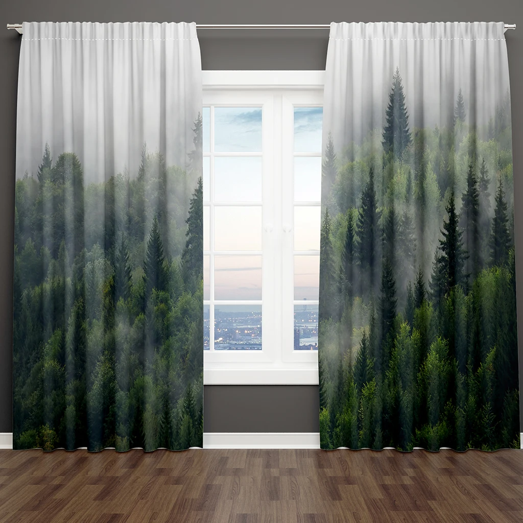 3D Landscape Curtains Nature Landscape Misty Forest Green Hill Living Room Bedroom Window Drapes