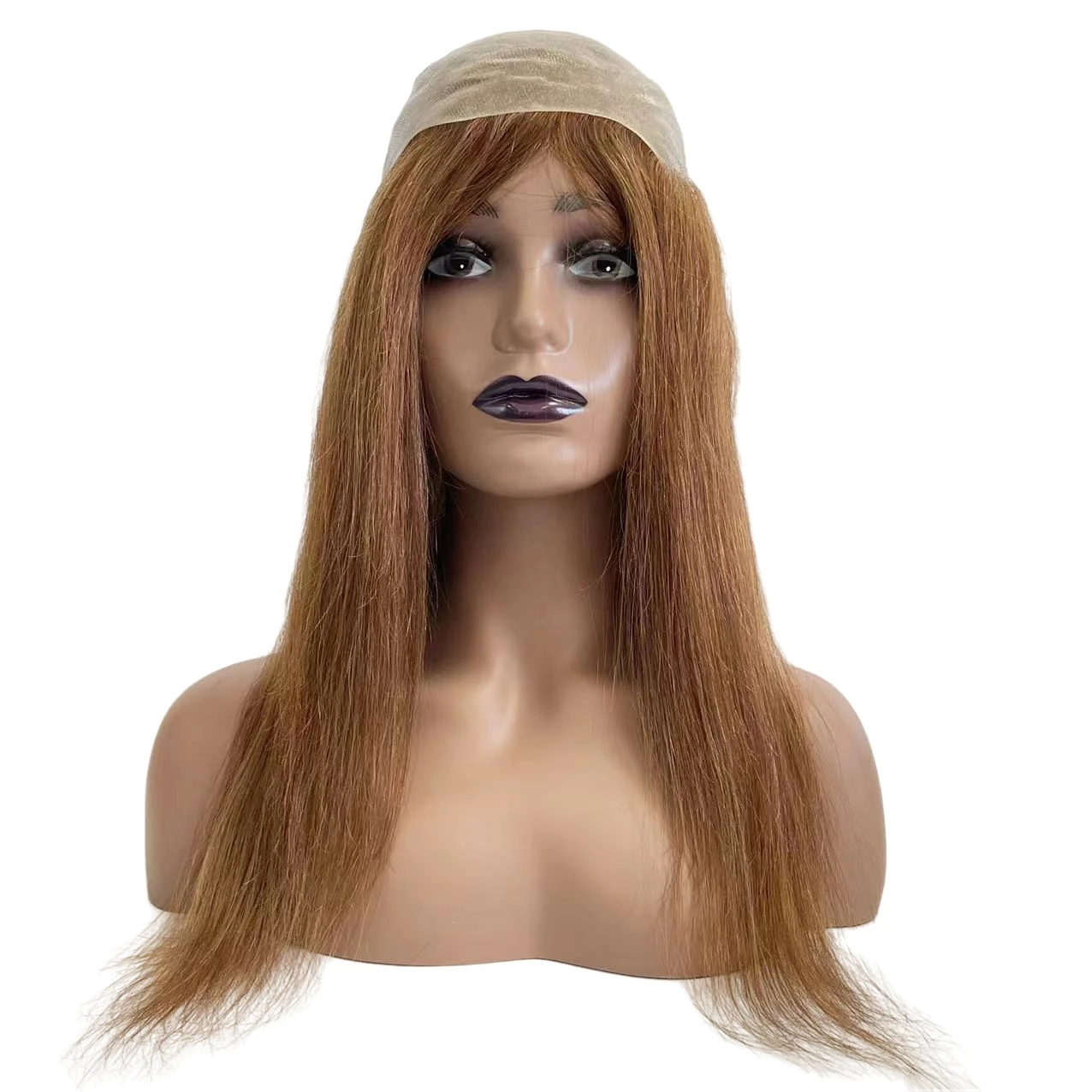 Mongolian Virgin Human Hair Light Brown Color 6# Full PU Wig Thin Skin Cap Silicone Wigs for Woman