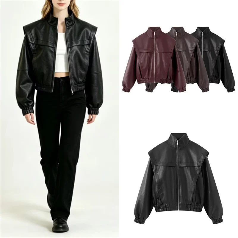 Guobioziy 2026 Women's Spring Autumn New Faux Leather Jacket Fake Two‑Piece Design Trendy Outerwear
