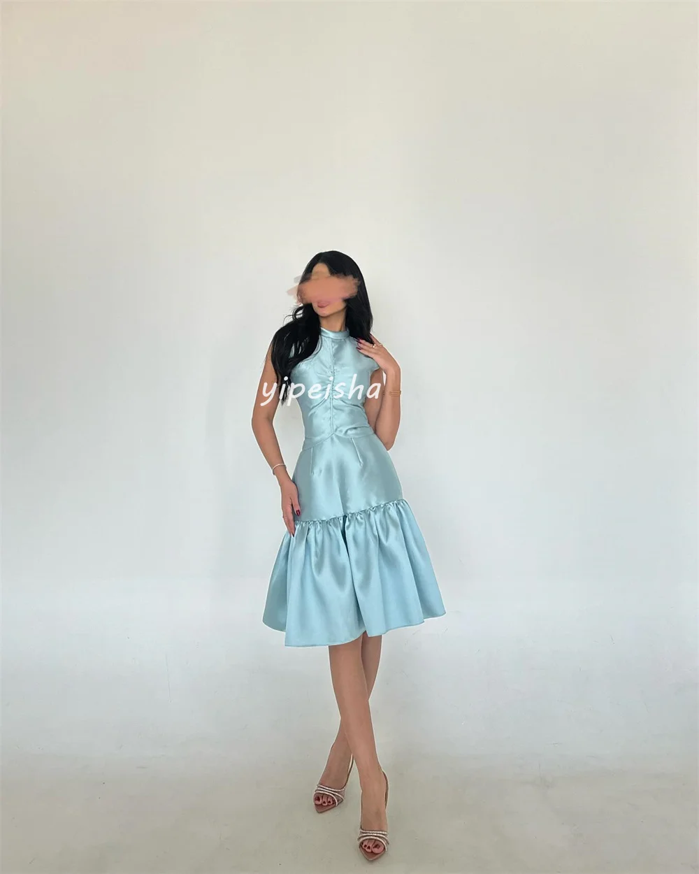 カスタマイズされたファッションサイズが利用可能 プリーツ シャーリング ドレープ Aライン ハイカラー 膝丈ドレス オーダーメイド オケージョンドレス フォーマル