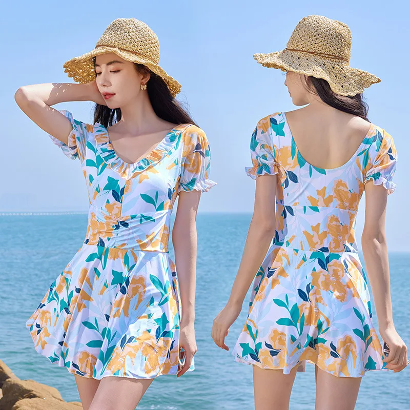 Short Sleeve Flounce V Neck Sexy Swimwear Women One Piece Bathing Suit Monokini Swimsuit With Skirt Beach Wear