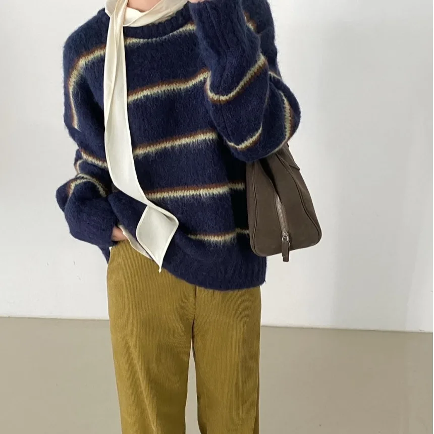 Casual Striped Base Layer Shirt Women's Commute Versatile Sash Sweater Fashionable All-Match Long Sleeve round Neck Top