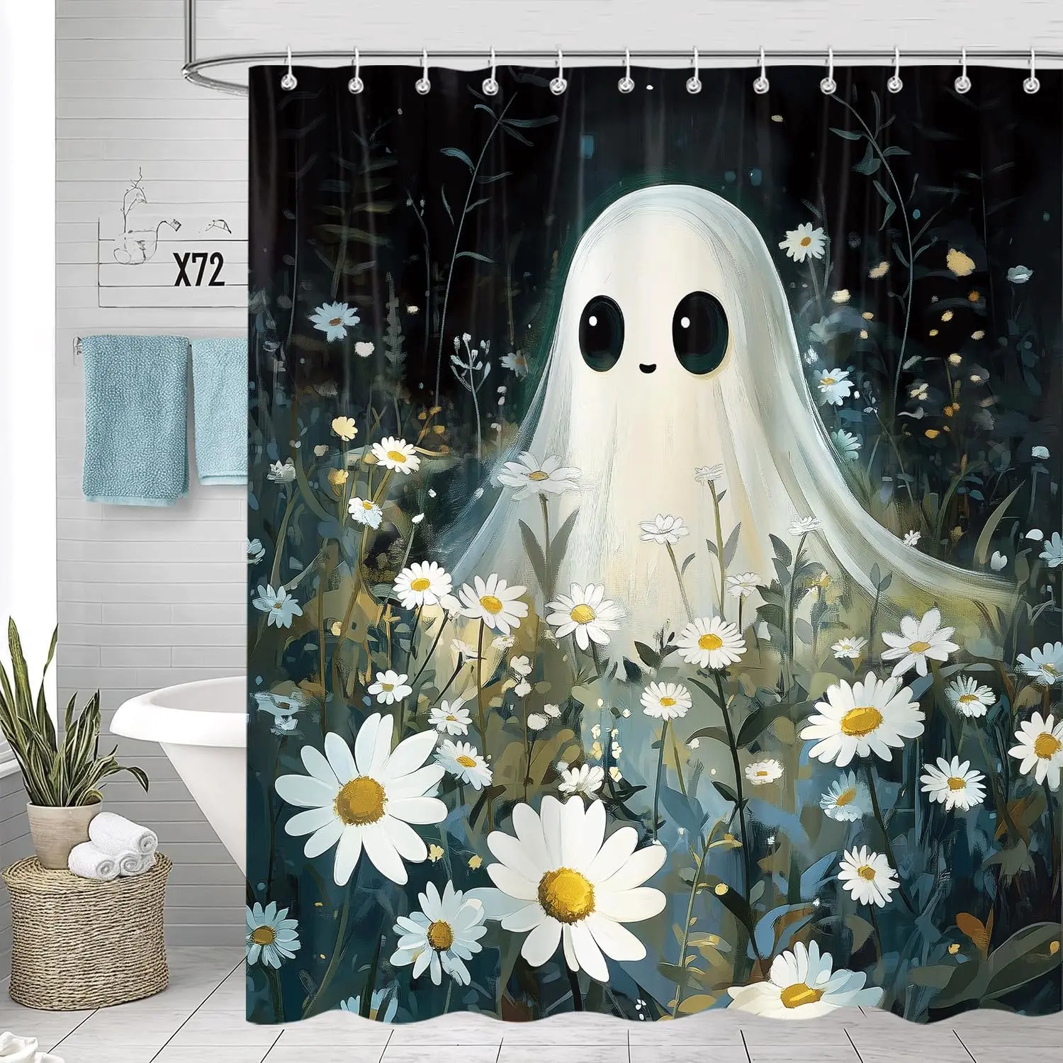 Halloween Shower Curtain, Halloween Cute Funny Spooky Ghost Horror White Floral Bathroom Shower Curtains, Waterproof Fabric Dark