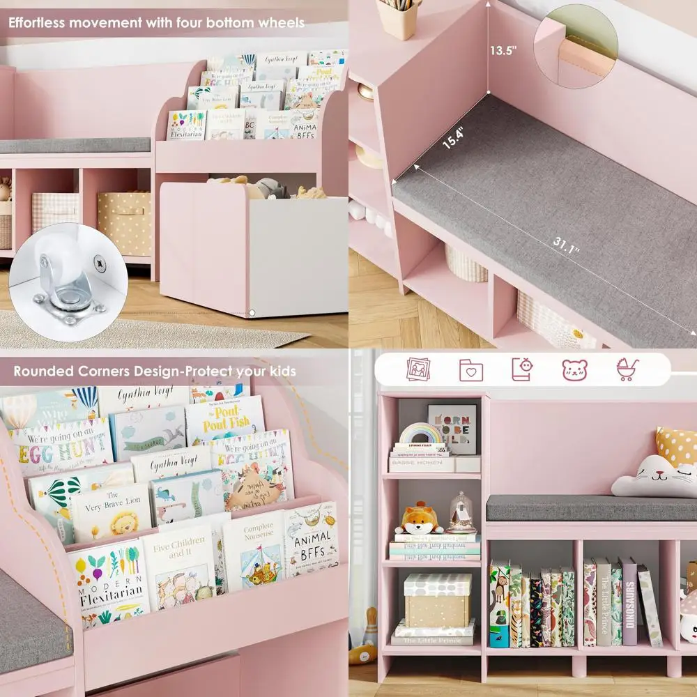 

Большая детская книжная полка 67 с секциями для хранения, органайзером для игрушек, скамейкой и 6 ячейками, розовая, для игровой комнаты