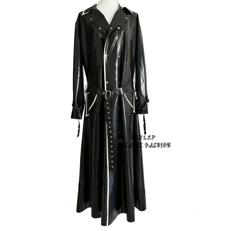 

Latex Coat Rubber Unisex Black Windbreaker Jacket With Belt Over The Knee Longer Outerwear Trench