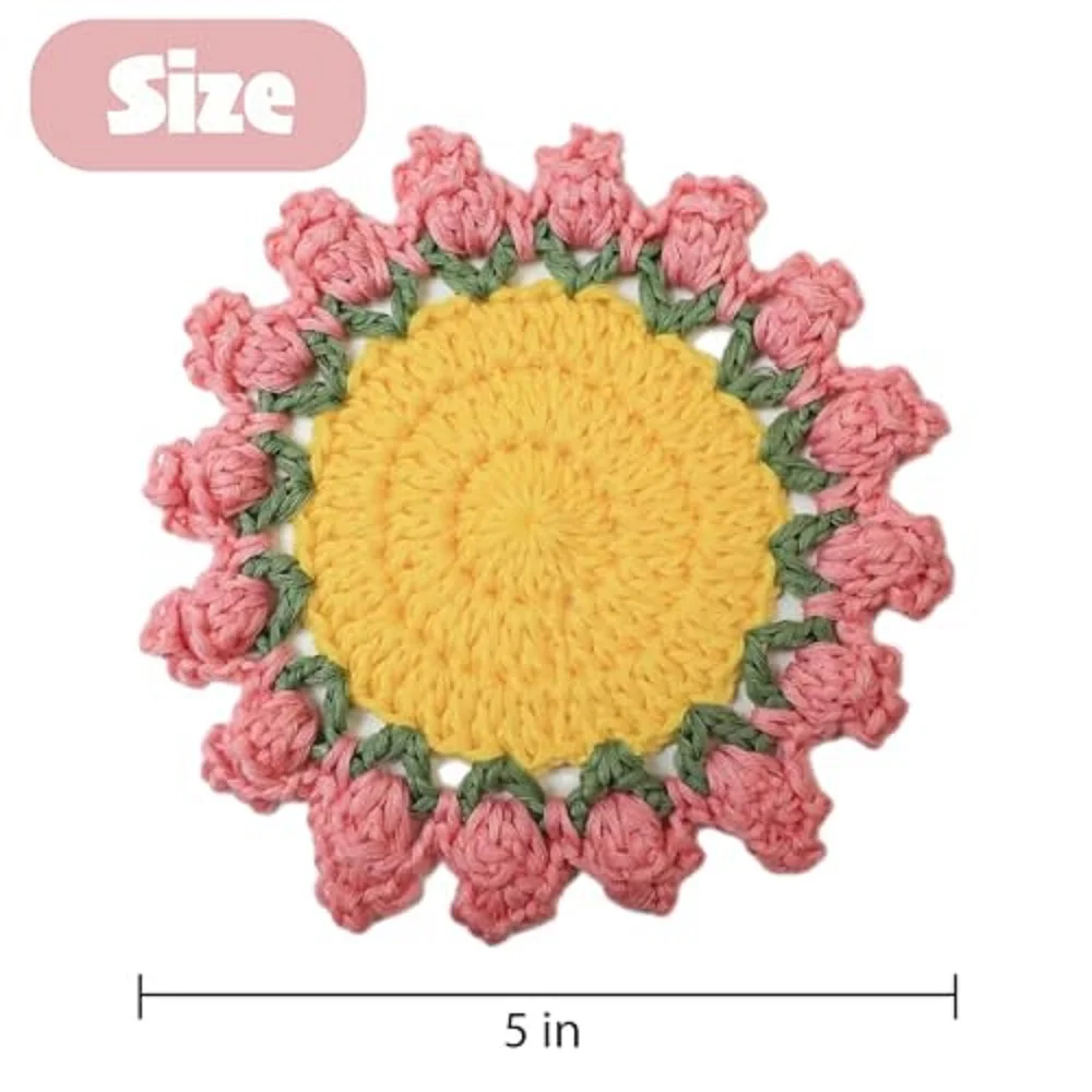 Cute Coasters Set of 4,Funny Pink Flower Coasters,Crochet Plant Pot Coaster Set for Drinks with Flowerpot Holder,Fun Soft Decora