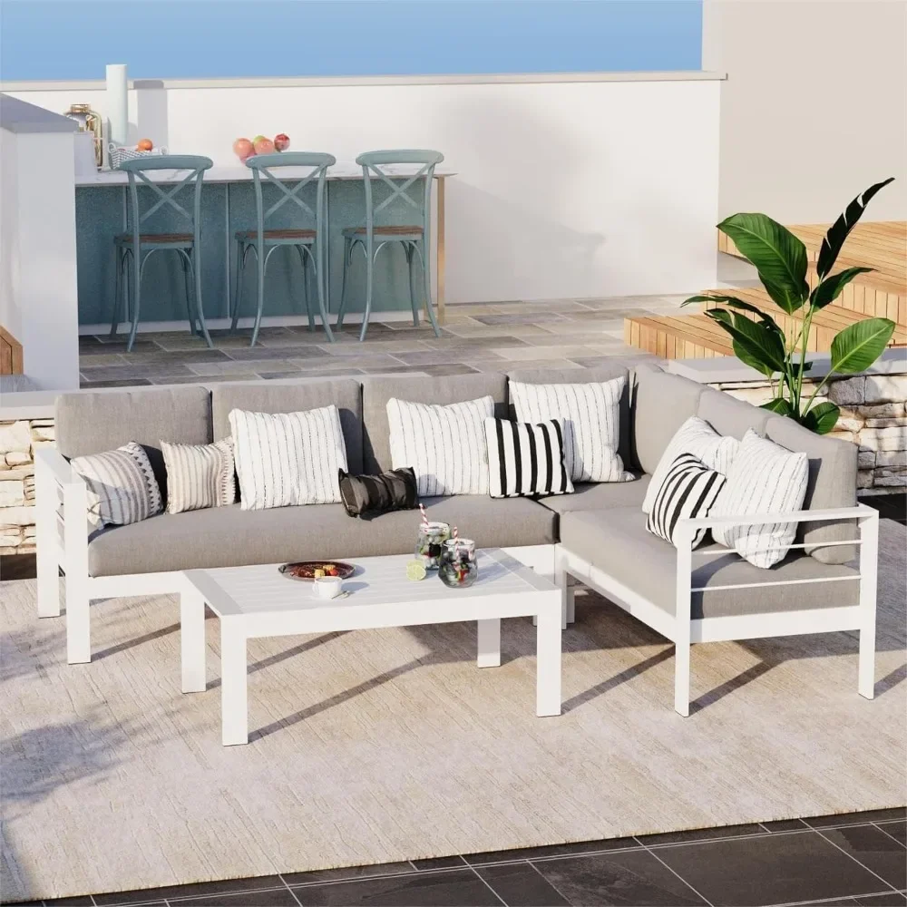

Aluminum Patio Furniture Set, Metal Patio Sectional Sofa with Imitation Wood Tabletop Coffee Table, Modern Outdoor