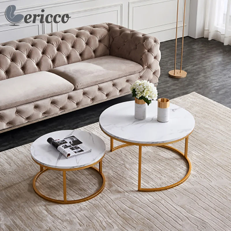 GERICCO Nordic Nesting Coffee Tables Set of 2 Wood Marble Color Top Round Side Table Console End Table with Golden Metal Frame