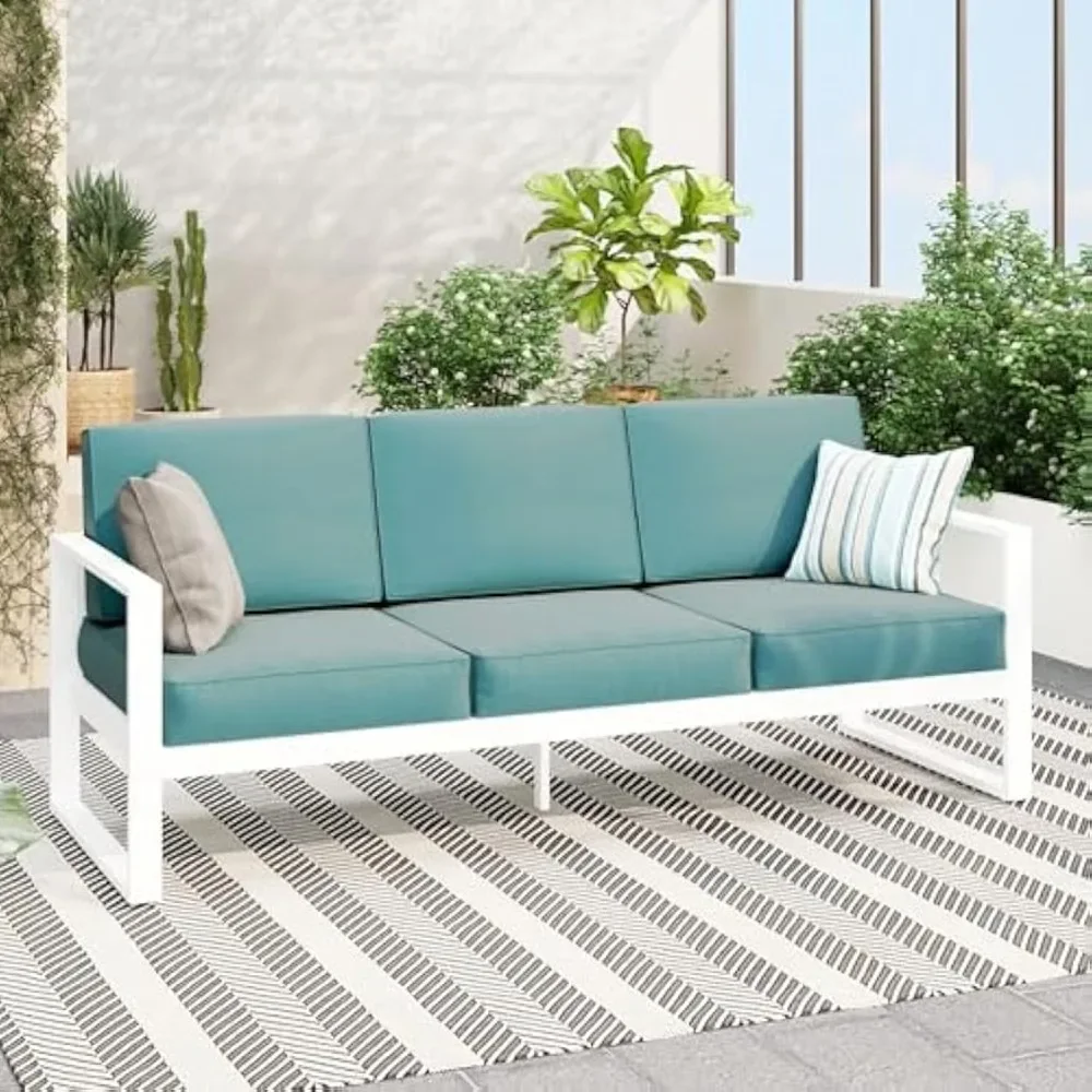 Aluminum Patio Sofa, All-Weather Modern Outdoor 3-Seat Couch with Removable, Water-Resistant Cushions for Backyard Garden ,White