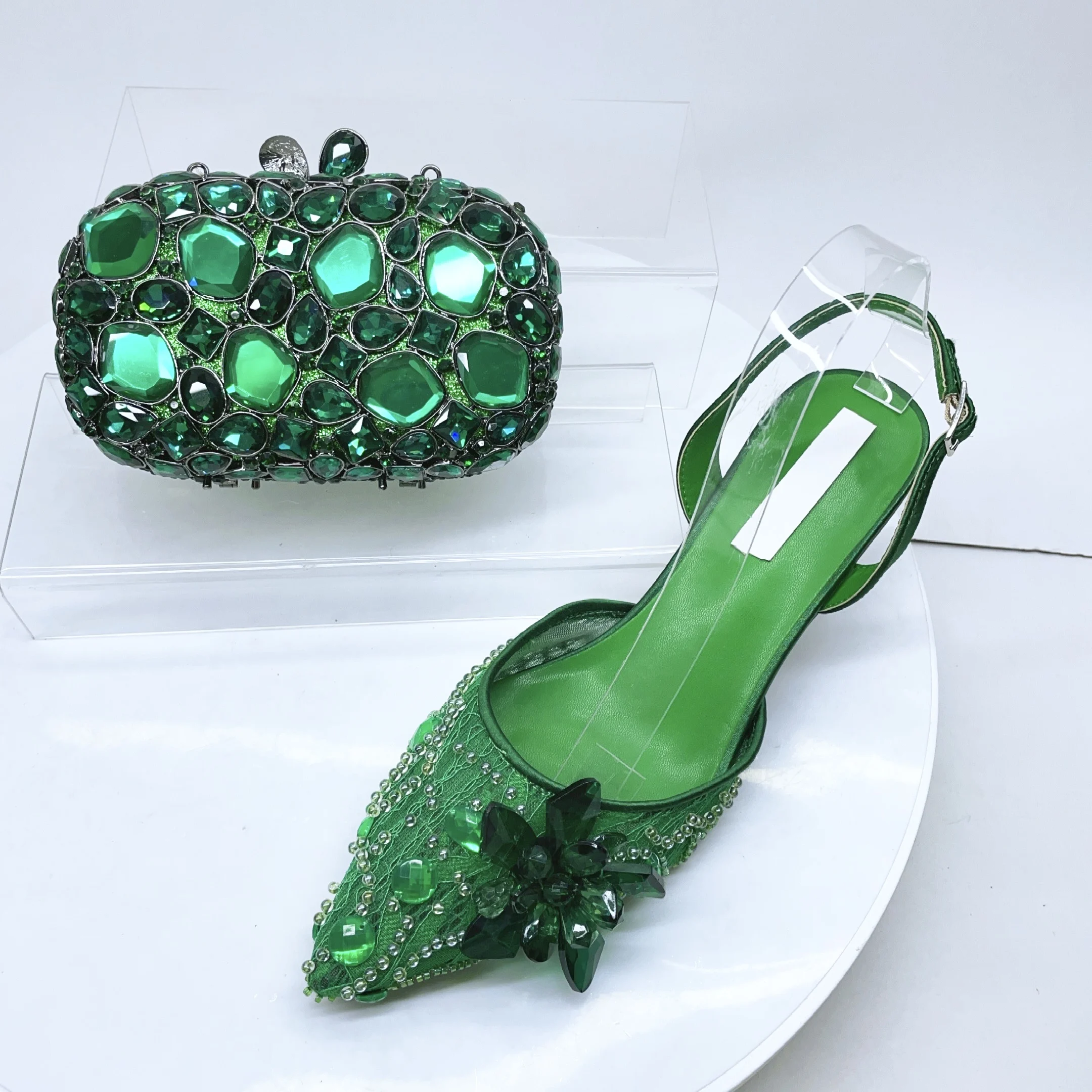 

LNATISNOVA Женские зеленые босоножки на высоком каблуке со стразами для вечеринок, туфли с драгоценными камнями и клатчем, обувь и сумки на высоком каблуке