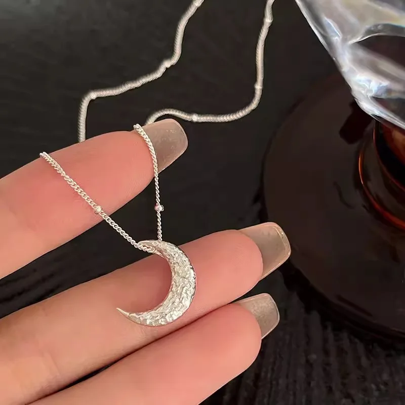 VENTFILLE 925 Sterling Silver Moon Necklace for Women Girl Gift Frosted Design Texture Korean Jewelry Gift Dropshipping