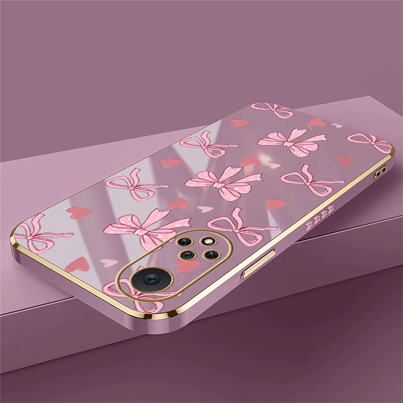 Silicone Soft Phone Case For Huawei Nova 9 7i 8i 7 6 SE 3i 4e 5T 5i Y70 Plus Plating TPU Love Heart Bow Knots Pattern Cover