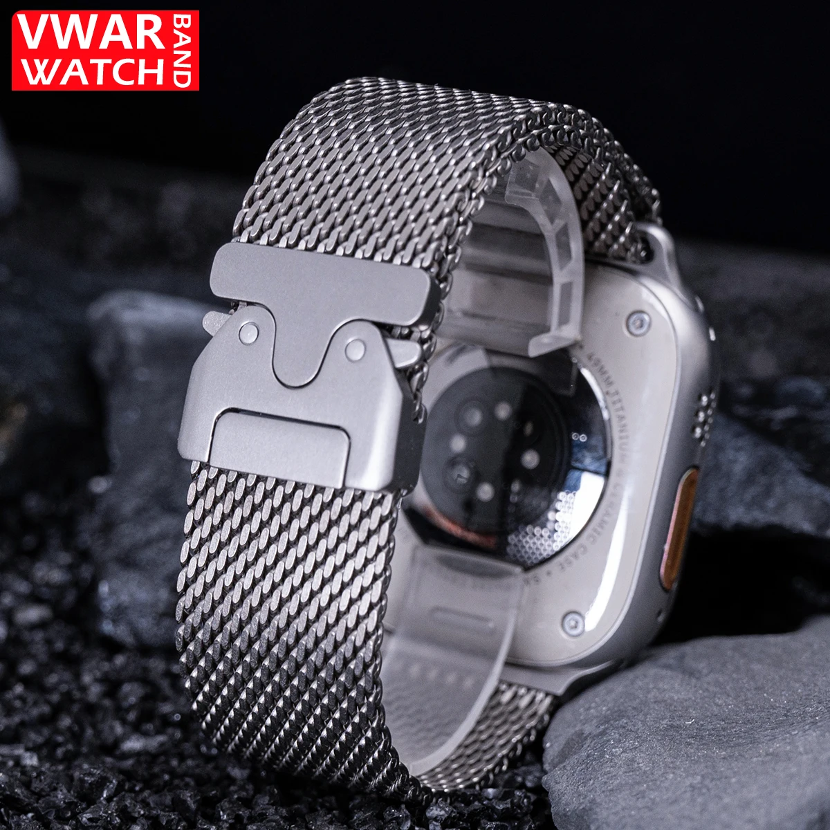 

VWAR Pure Titanium Milanese loop Band for Apple Watch Ultra 2 Series 10 9 8 7 Natural Black mesh strap for iWatch 49mm 46mm 45mm