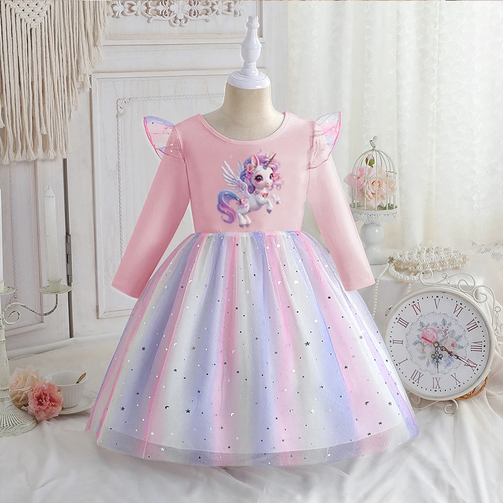 

2025 New Rainbow Unicorn Princess Dress Baby Girls Dress Autumn Dress Long-sleeved For Children Kids Clothes Birthday Party 2-8Y