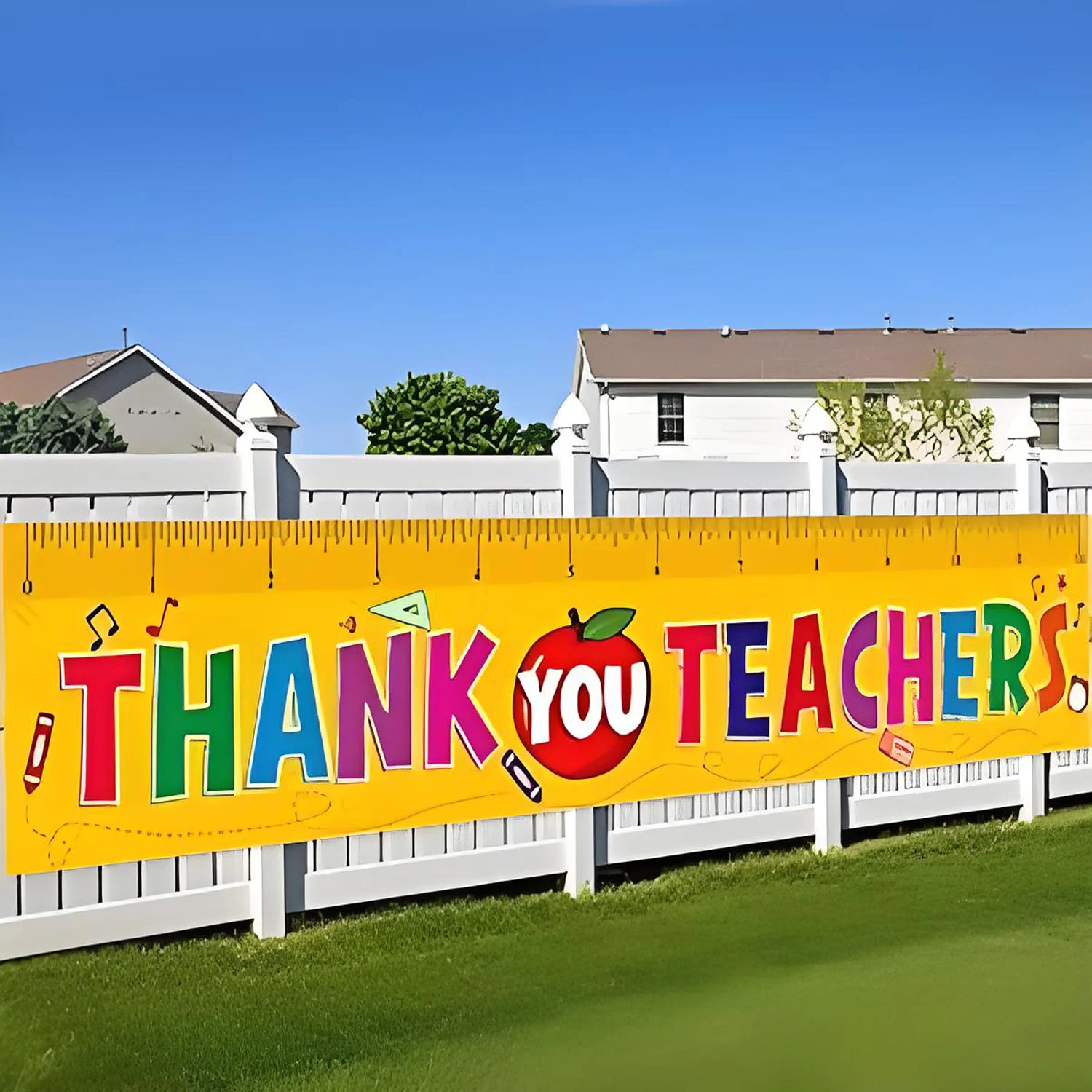 New Happy Teachers' Day logo banner Yellow background ruler colored letters decorated outside patio door Outdoor decoration