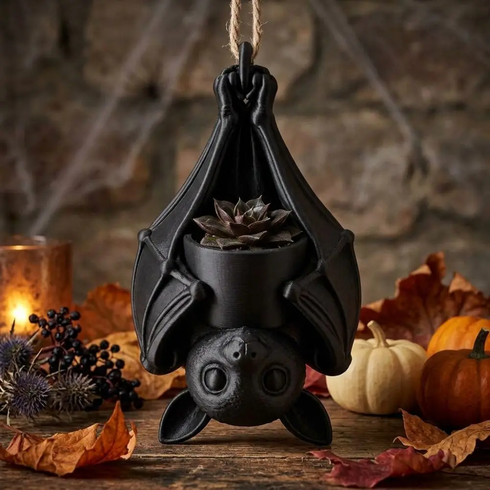 3D Printed Upside Down Bat Hanging Planter Gothic Style Whimsical Bat-Shaped Flower Pot Plastic Realistic Hanging Bat Plant Pot