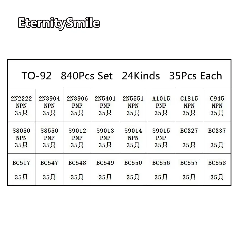 840pcs/set 24Values TO-92 Transistor Assortment Kit BC327 BC337 BC547 Transistor 2N2222 3904 3906 C945 PNP/NPN Transistors Pack