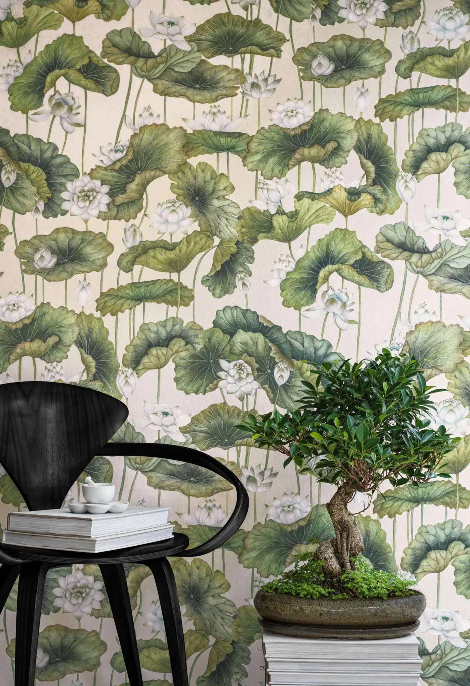 Lily Lotus Wallpaper Peel and Stick,Green Leaves Mural Wallpaper For Home Decoration,Tradititonal Chinese Style Wall Decal Paper