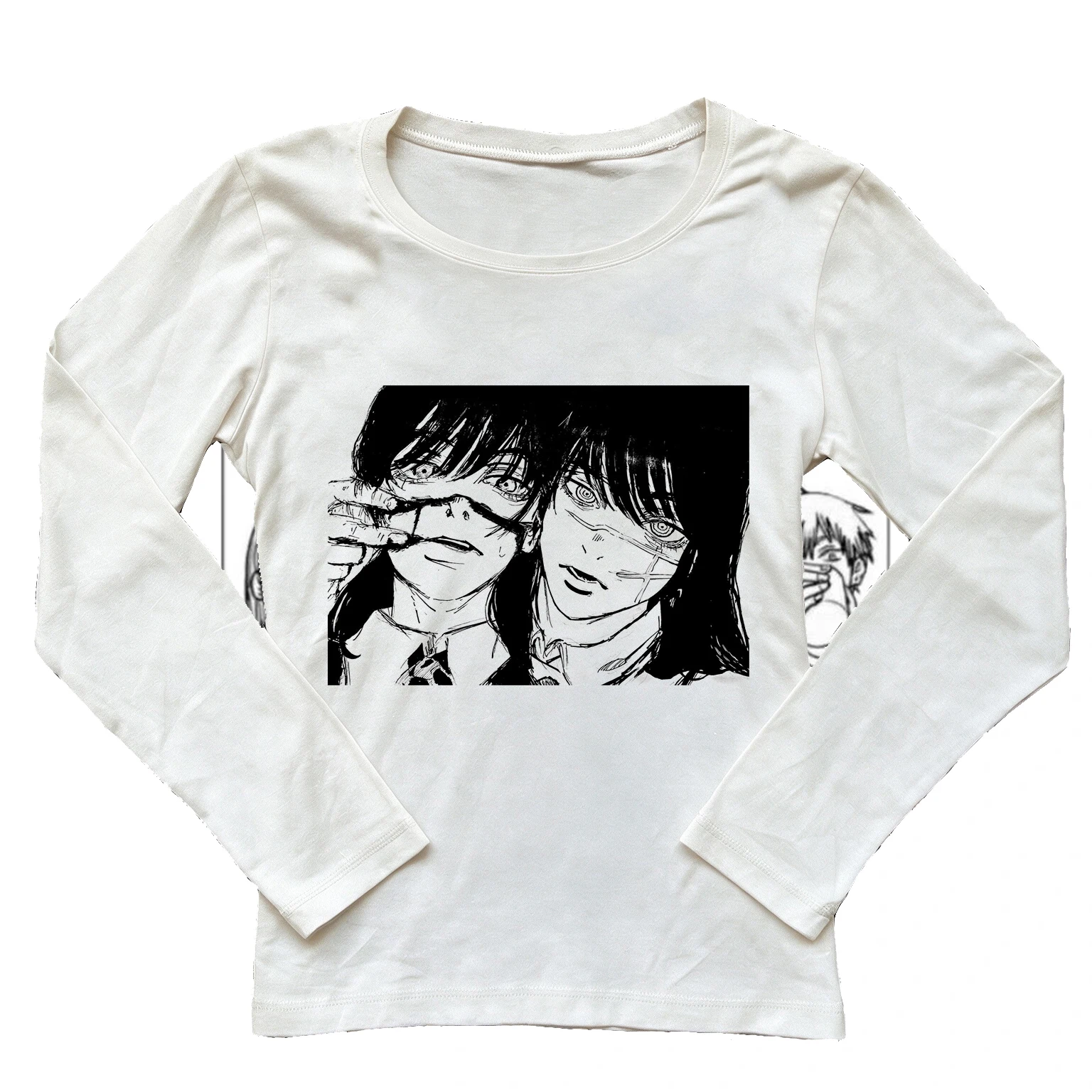 Women Slim Long Sleeve T-shirt Chainsaw Man Asa Mitaka Yoru Anime Print Tee Casual O-neck Slim Fit Top Manga Graphic Long Sleeve