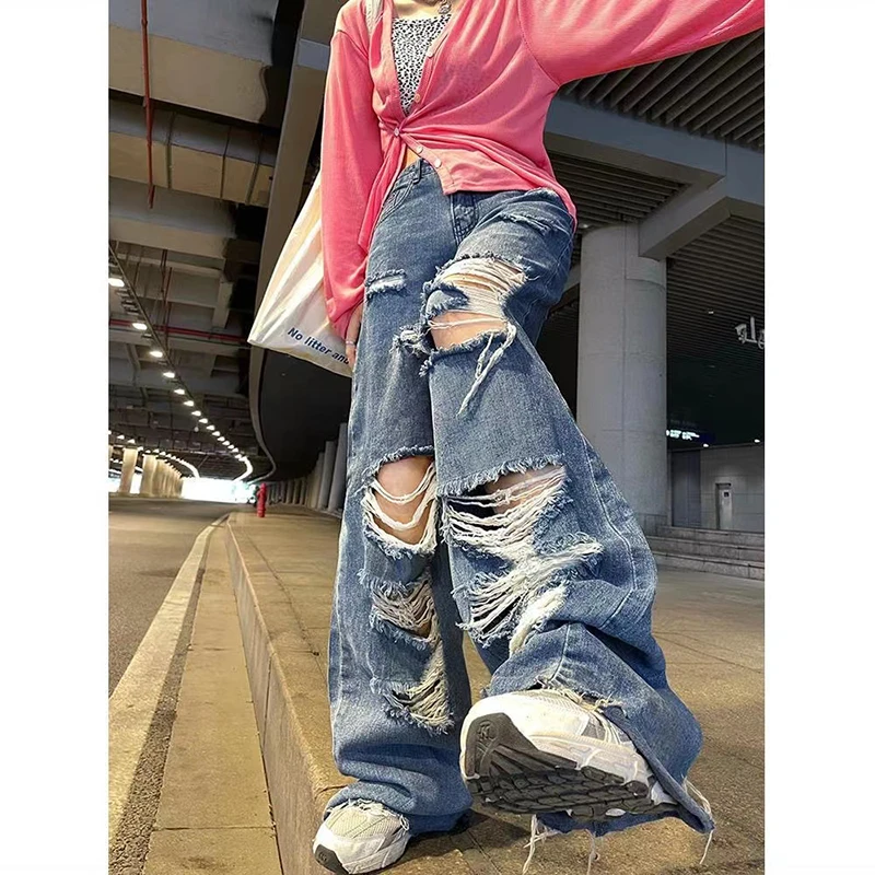 Streetwear Straight Pants Ladies Ripped Jeans High Waist Loose Wide Leg Pants Ladies Jeans Y2K Plus Size High Street Jeans