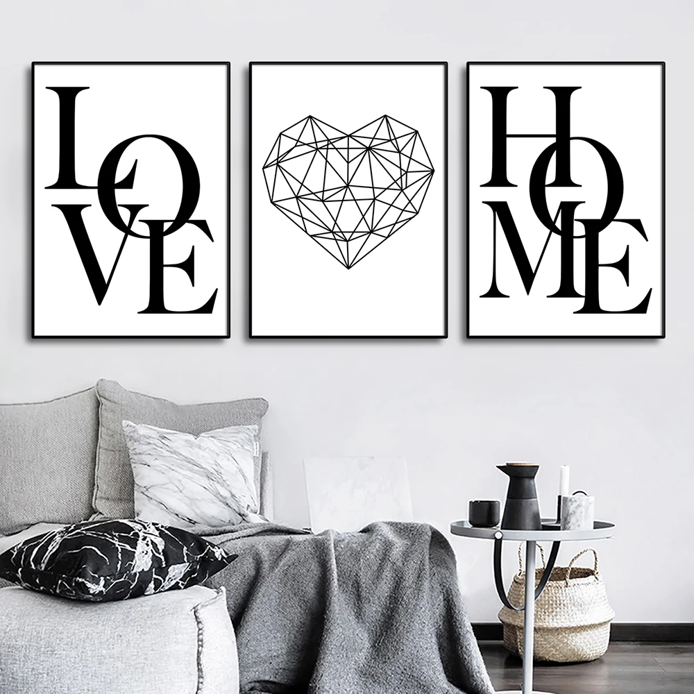 3pcs Love Home Diamond Heart Letter Canvas Prints Nordic Modern Living Room Wall Art Black White Decorative Paintings Home Decor