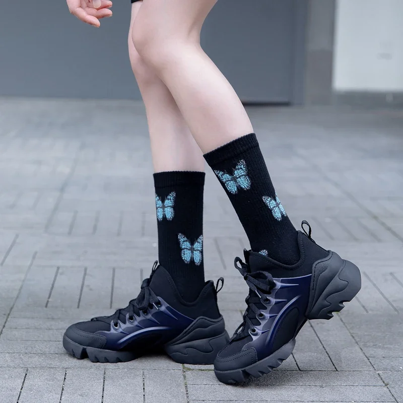 Lolita Butterfly Pattern JK Socks Purple Female Ins Korean Style Women Cotton Socks Streetwear Harajuku Hip-Hop Crew Socks