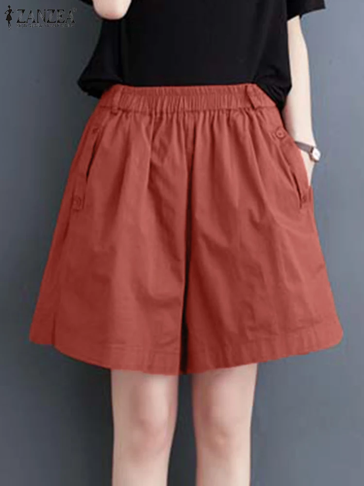 

ZANZEA Summer Casual Loose Women's Shorts 2025 Fashion Elastic High Waist Wide-Leg Commute Everyday Solid Color Short Pants