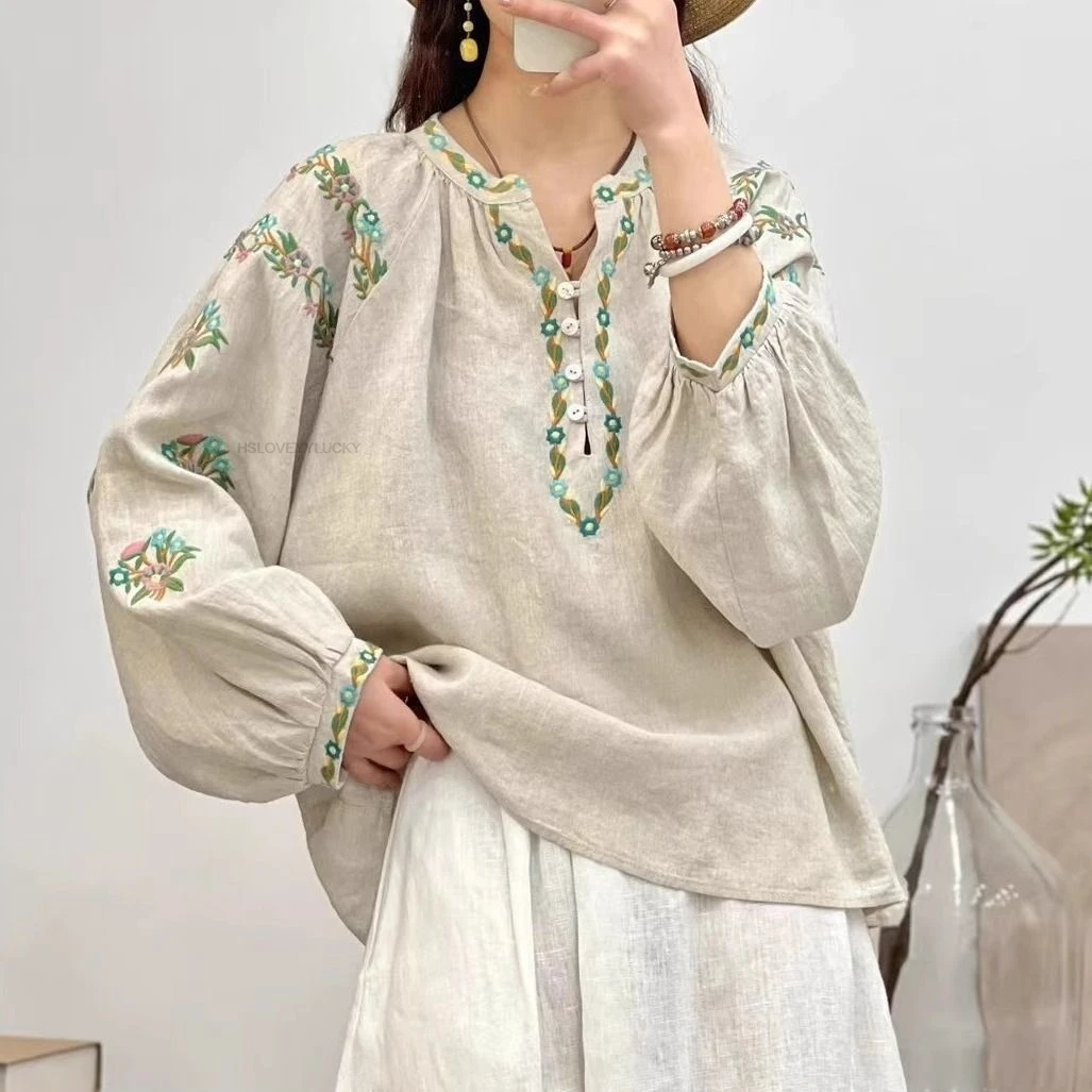 

Traditional Chinese Vintage Qipao Blouse National Flower Embroidery Oriental Cotton Linen Blouse Vintage Loose Blouse