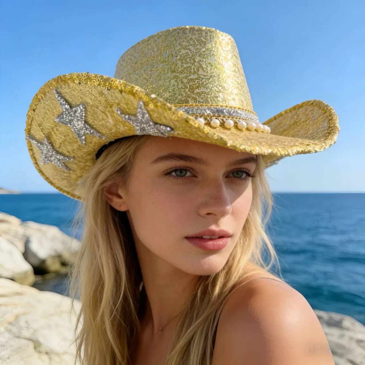 HongLuan Western Golden Luxury Cowboy Hat Rhinestone Woman for Cowgirl Costume, Cowboy Hats Women & Cowboy Accessories for Man