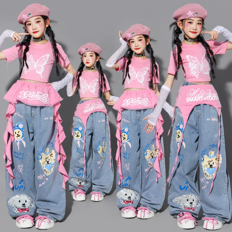 Girls K-pop Crop Tops Print Denim Pants Children Streetwear Girl Group Costume Kids Teen Hip Hop Jazz Street Dance Clothes Sets