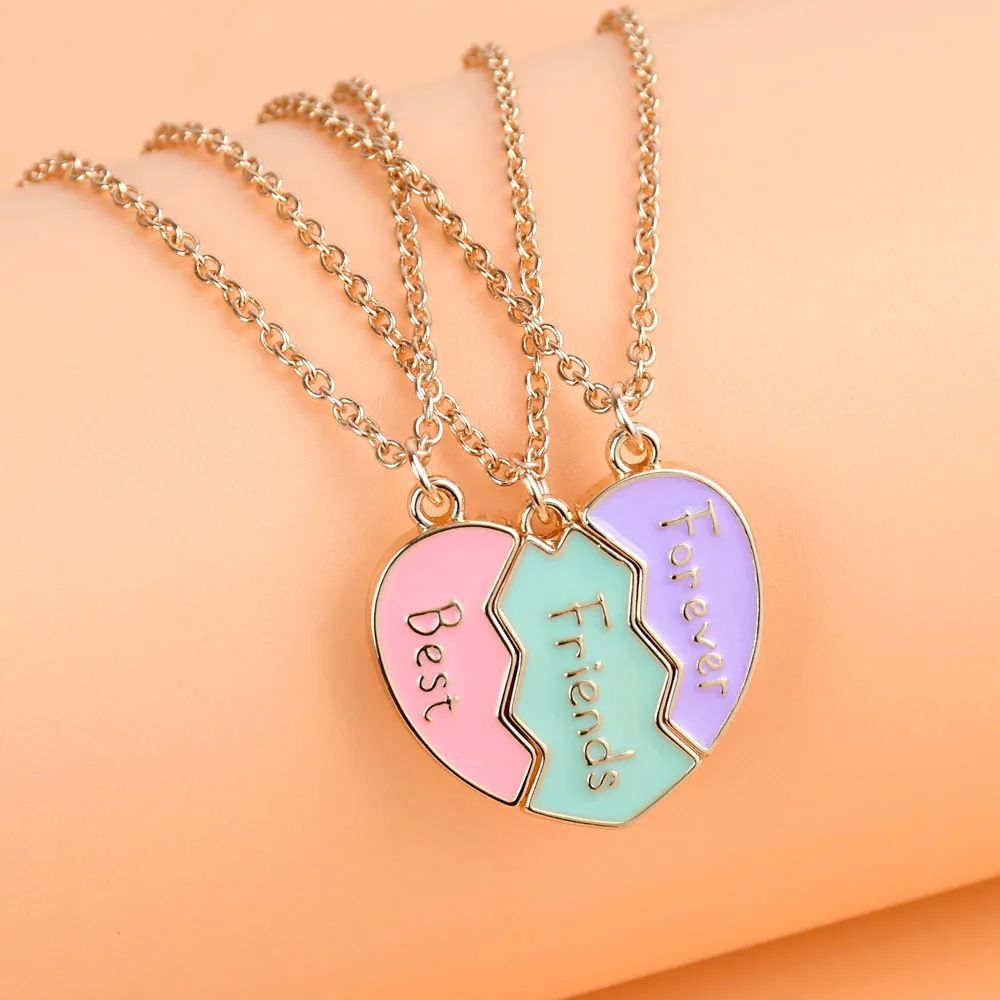 Luoluo&baby 3Pcs/set Cute 3-color Heart Broken Stitching Magnetic Best Friend Necklace for Girls BFF Friendship Jewelry Gift