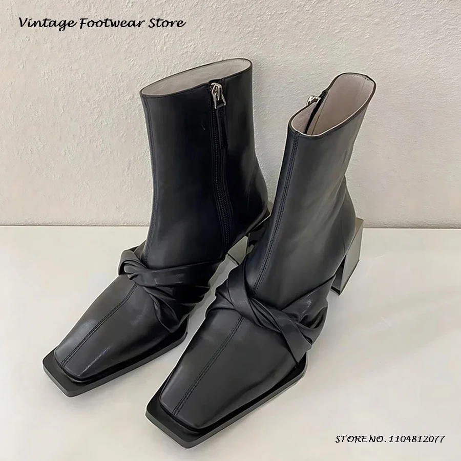 

Spring Autumn Knotted Leather Booties Square Toe Chunky Heel Side Zipper Ankle Boots Fashion Women's Office Casual Modern Boots