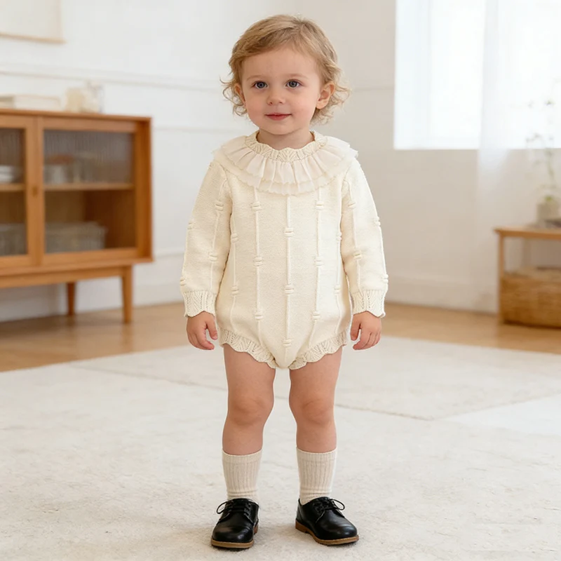 

Новинка 2023 года, весенняя вязаная одежда для маленьких девочек, костюм для скалолазания в корейском стиле, однотонный вязаный комбинезон с длинными рукавами для маленьких девочек