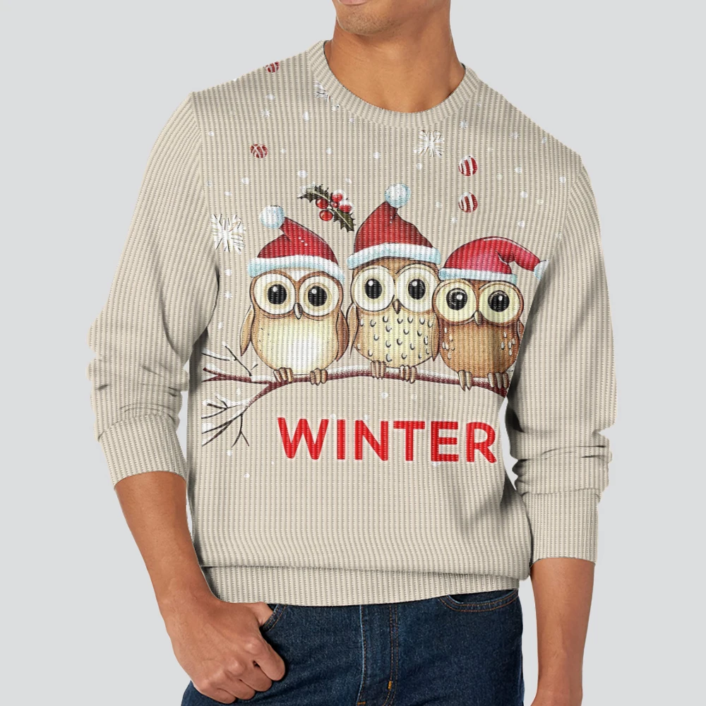 Men's and women's Crew Neck Sweater Soft Casual Sweaters for Men, Three owls Snow Christmas, Autumn/winter Pullover Sweater Men