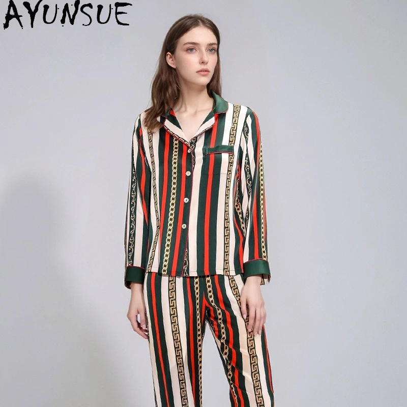 AYUNSUE Natural Mulberry Silk Sleepwear Women 19MM 100% Real Silk Spring Summer Clothes Pajama Set Long Sleeve Top Pants Striped