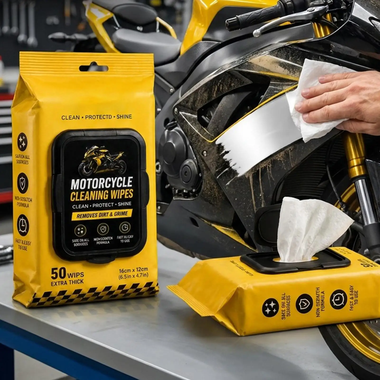 Motorcycle Chain Cleaning Wipes 50PCS Bike Cleaning Wipes No-Lint Scratch-Free Dirt Removal For Engines Wheels Stains Tools Shop