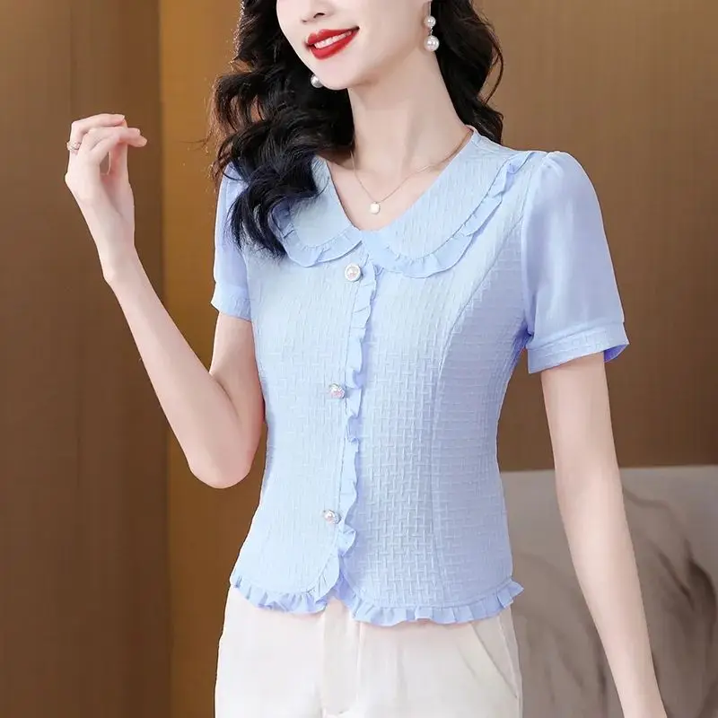 

Ele Chiffon irt Women's Faion Summer New Small Size Sli Age-Defng ort Sve Top Beautiful Little irt