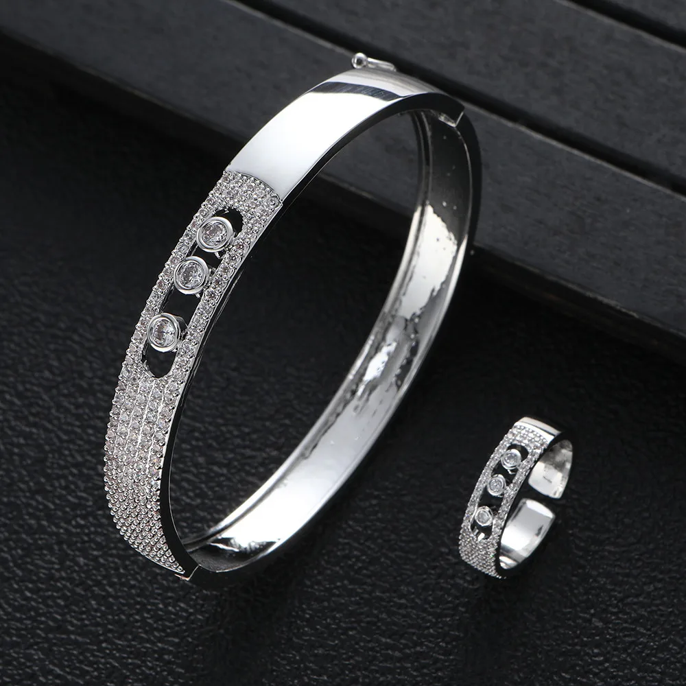 

Luxury 2PCS Dubai Wide Bangle Ring Set Fashion Jewelry For Women Wedding Engagement Brincos Para As Mulheres S413